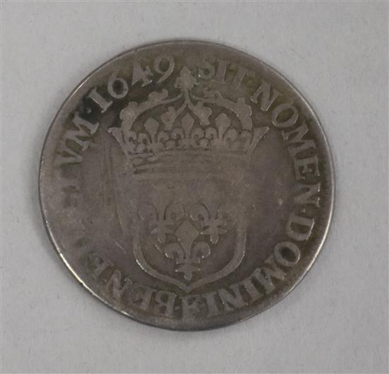 A French Louis XIIII silver half ecu, 1649, Dia 33mm; Fair or better
